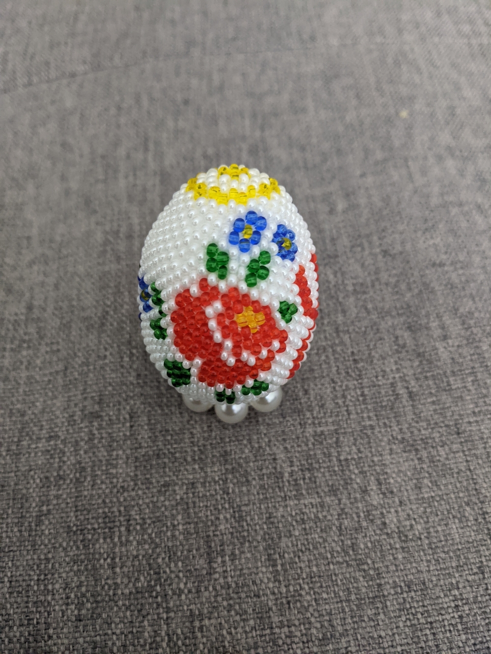 Handmade Beaded Floral Statement Ring - White, Red, Blue